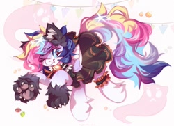 Size: 1280x928 | Tagged: safe, artist:vanilla-chan, oc, oc only, oc:starbright flow, pegasus, pony, abstract background, animal costume, bell, bell collar, clothes, collar, costume, dress, ear fluff, fangs, female, fetlock tuft, halloween, halloween costume, mare, paws, wolf costume