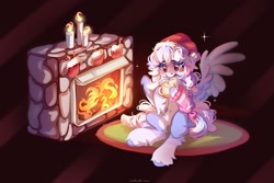 Size: 2048x1365 | Tagged: safe, artist:vanilla-chan, oc, oc only, pegasus, pony, abstract background, belly button, blushing, candle, christmas, christmas stocking, drink, ear piercing, earring, female, fireplace, food, holiday, jewelry, mare, marshmallow, mug, piercing, sitting, solo, unshorn fetlocks