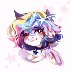 Size: 2048x2048 | Tagged: safe, artist:vanilla-chan, oc, oc only, oc:starbright flow, pegasus, pony, abstract background, blushing, bust, chest fluff, choker, ear fluff, eyebrows, eyebrows visible through hair, female, mare, one eye closed, wink
