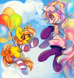 Size: 1934x2048 | Tagged: safe, artist:vanilla-chan, oc, oc only, earth pony, pony, unicorn, balloon, butt fluff, chest fluff, clothes, commission, duo, ear fluff, ear piercing, earring, female, flying, horn, jewelry, looking at each other, looking at someone, mare, piercing, socks