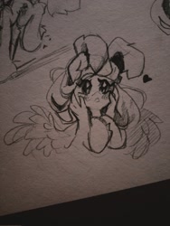 Size: 1538x2048 | Tagged: safe, artist:vanilla-chan, fluttershy, human, pegasus, pony, g4, black and white, blushing, bunny ears, cheek squish, female, floating heart, grayscale, hand, heart, mare, monochrome, sketch, solo, squishy cheeks, traditional art