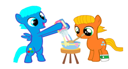 Size: 2592x1408 | Tagged: safe, artist:memeartboi, earth pony, pegasus, pony, best bros, best friends, best friends forever, bff, brothers, cake, colt, cute, darwin watterson, duo, duo male, foal, food, gumball watterson, happy, male, mixing, ponified, siblings, simple background, smiling, standing on two hooves, syrup, the amazing world of gumball, white background