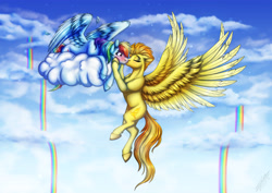 Size: 4961x3508 | Tagged: safe, artist:lupiarts, rainbow dash, spitfire, pegasus, pony, g4, cloud, duo, female, kissing, lesbian, on a cloud, ship:spitdash, shipping, surprise kiss
