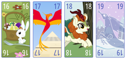 Size: 6400x3000 | Tagged: safe, artist:parclytaxel, angel bunny, autumn blaze, philomena, oc, oc:spindle, kirin, phoenix, rabbit, windigo, series:parcly's pony pattern playing cards, .svg available, absurd resolution, animal, autumn, easter, easter egg, female, flying, fork, fork bomb, holy hand grenade of antioch, jumping, looking at you, male, monty python, monty python and the holy grail, open mouth, open smile, passepartout, playing card, pun, pyramid, rabbit of caerbannog, simple background, smiling, smiling at you, snow, somnambula (location), spring, summer, tarot card, vector, visual pun, white background, windigo oc, winter