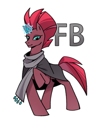Size: 1500x1800 | Tagged: safe, artist:shedu256, tempest shadow, pony, unicorn, g4, cape, clothes, female, horn, magic, mare, scarf, simple background, solo, text, white background