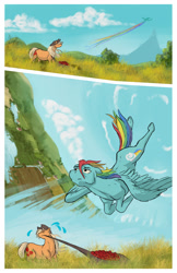Size: 2028x3128 | Tagged: safe, artist:seventozen, applejack, rainbow dash, pony, comic:the problem of parthus, g4, apple, flying, food, rainbow trail