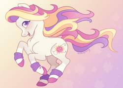 Size: 2668x1922 | Tagged: safe, artist:bishopony, sunny daze (g3), earth pony, pony, g3, coat markings, colored hooves, facial markings, female, freckles, gradient background, high res, hoof heart, looking at you, mare, not light heart, open mouth, open smile, pink background, running, simple background, smiling, socks (coat markings), solo, sparkly mane, sparkly tail, stripe (coat marking), sweatband, tail, underhoof, windswept mane