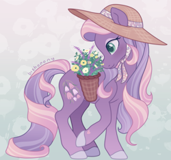Size: 2177x2035 | Tagged: safe, artist:bishopony, wysteria, earth pony, pony, g3, abstract background, basket, cute, female, flower, hat, high res, mare, signature, smiling, solo, sun hat