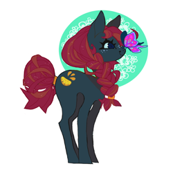 Size: 850x850 | Tagged: safe, artist:cutesykill, oc, oc only, butterfly, earth pony, ambiguous gender, big ears, black coat, blue eyes, blue sclera, braid, braided ponytail, butterfly on nose, colored, colored sclera, commission, earth pony oc, eyelashes, flat colors, freckles, insect on nose, long legs, long mane, long tail, looking at something, passepartout, ponytail, profile, red mane, red tail, shrunken pupils, simple background, smiling, solo, standing, tail, tail bun, teal sclera, thick eyelashes, thin legs, tied mane, tied tail, two toned mane, two toned tail, white background