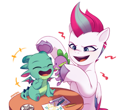 Size: 2553x2312 | Tagged: safe, artist:maren, sparky sparkeroni, spike, zipp storm, dragon, pegasus, pony, g5, eyes closed, mama zipp, open mouth, plushie, simple background, smiling