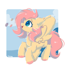 Size: 801x792 | Tagged: safe, artist:skylinepony_, fluttershy, butterfly, pegasus, pony, g4, cloud, cute, female, fluffy, open mouth, shyabetes, simple background, sky, sky background, solo, spread wings, white background, wide eyes, wings