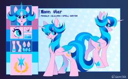Size: 5500x3400 | Tagged: safe, artist:neonishe, oc, oc only, oc:neon star, alicorn, pony, alicorn oc, concave belly, cute, horn, long horn, reference, reference sheet, slender, solo, thin, wings