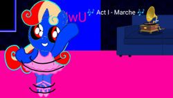 Size: 1280x720 | Tagged: safe, oc, oc only, oc:angrymetal, pony, unicorn, ballerina, ballet, ballet slippers, clothes, couch, crossdressing, cute, dancing, horn, male, needs more saturation, puppy dog eyes, record player, solo, tutu