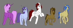 Size: 2281x886 | Tagged: safe, oc, earth pony, pegasus, pony, unicorn, pony town, gray background, horn, simple background