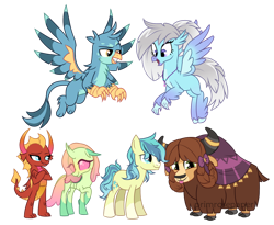 Size: 988x809 | Tagged: safe, artist:primrosepaper, gallus, ocellus, sandbar, silverstream, smolder, yona, changedling, changeling, classical hippogriff, dragon, earth pony, griffon, hippogriff, pony, yak, g4, alternate color palette, alternate design, alternate hairstyle, blaze (coat marking), bow, coat markings, colored wings, facial markings, female, flying, gradient wings, hair bow, jewelry, male, monkey swings, necklace, open mouth, open smile, simple background, smiling, socks (coat markings), student six, tongue out, transparent background, transparent mane, wings