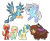 Size: 988x809 | Tagged: safe, artist:primrosepaper, gallus, ocellus, sandbar, silverstream, smolder, yona, changedling, changeling, classical hippogriff, dragon, earth pony, griffon, hippogriff, pony, yak, g4, alternate color palette, alternate design, alternate hairstyle, blaze (coat marking), bow, coat markings, colored wings, facial markings, female, flying, gradient wings, hair bow, jewelry, male, monkey swings, necklace, open mouth, open smile, redesign, simple background, smiling, socks (coat markings), student six, tongue out, transparent background, transparent mane, wings