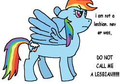 Size: 650x450 | Tagged: safe, artist:slashedout, rainbow dash, pegasus, pony, g4, angry, denial, ms paint, shitposting, simple background, solo, white background