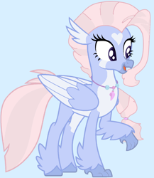 Size: 1024x1181 | Tagged: safe, artist:savygriffs, oc, oc only, unnamed oc, classical hippogriff, hippogriff, g4, base used, blue background, coat markings, female, hairband, heart, heart mark, hippogriff oc, jewelry, light blue background, necklace, open mouth, simple background, solo