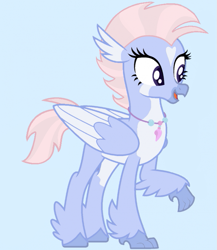 Size: 651x750 | Tagged: safe, alternate version, artist:savygriffs, artist:sharpwit, edit, oc, oc only, unnamed oc, classical hippogriff, hippogriff, g4, alternate hairstyle, base used, blue background, coat markings, female, heart, heart mark, hippogriff oc, jewelry, light blue background, necklace, open mouth, short mane, short tail, simple background, solo, tail