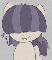 Size: 835x948 | Tagged: safe, artist:castafae, oc, oc only, oc:dot matrix, earth pony, pony, bucktooth, female, gray background, hair over eyes, mare, menacing, simple background, smiling, solo