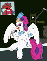 Size: 2154x2819 | Tagged: safe, artist:supahdonarudo, queen novo, oc, oc:ironyoshi, oc:sea lilly, classical hippogriff, hippogriff, unicorn, g4, bereal., crossed legs, crying, drums, horn, meme, microphone, musical instrument, screaming fan meme, singing, stage