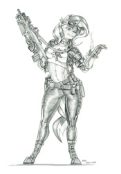 Size: 1000x1425 | Tagged: safe, artist:baron engel, sunset shimmer, unicorn, anthro, unguligrade anthro, g4, female, gun, horn, mare, monochrome, pencil drawing, robotic arm, simple background, solo, traditional art, weapon, white background