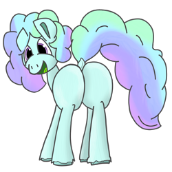 Size: 1500x1500 | Tagged: safe, derpibooru exclusive, oc, oc only, oc:kristal (crystaline), earth pony, pony, butt, green tongue, happy, looking at you, looking back, looking back at you, plot, rear view, simple background, smiling, smiling at you, solo, transparent background
