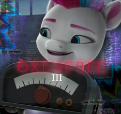 Size: 1770x1668 | Tagged: safe, edit, edited screencap, screencap, zipp storm, pegasus, pony, g5, my little pony: make your mark, canterlogic, episode needed, error, fan game, game cover, glitch, meme, oxenfree, parody, radio, shitposting, solo, static, technology, video game crossover, video game reference