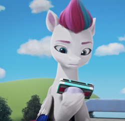 Size: 1728x1670 | Tagged: safe, screencap, zipp storm, pegasus, pony, g5, my little pony: make your mark, my little pony: make your mark chapter 4, top remodel, spoiler:g5, spoiler:my little pony: make your mark, spoiler:my little pony: make your mark chapter 4, spoiler:mymc04e02, animation error, cloud, heterochromia, phone, sky, solo