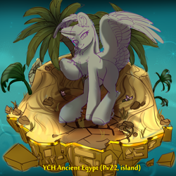 Size: 2500x2500 | Tagged: safe, artist:medkit, oc, alicorn, pony, advertisement, ancient egypt, any gender, any race, any species, auction, auction open, chest fluff, coconut, colored sketch, commission, cracks, ear cleavage, ear fluff, feathered wings, flower, food, gold, grass, heart shaped, high res, hoof fluff, island, looking at you, ocean, palm tree, partially open wings, plants vs zombies 2: it's about time, raised hoof, rock, ruins, sale, sand, shoulder fluff, sketch, smiling, solo, space, standing, stars, sternocleidomastoid, tree, water, wings, your character here