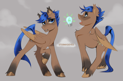Size: 2515x1668 | Tagged: safe, oc, oc only, oc:stormhooves, pegasus, pony, black eyeshadow, blue eyes, chest fluff, colored eartips, colored pinnae, colored wings, colored wingtips, ear fluff, ear tufts, eyeshadow, folded wings, gradient legs, gray background, leg fluff, lidded eyes, looking at you, makeup, male, pegasus oc, raised hoof, simple background, solo, stallion, unamused, unshorn fetlocks, wings