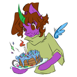 Size: 1500x1500 | Tagged: safe, artist:destiny_manticor, oc, oc only, oc:destiny manticor, alicorn, pony, birthday cake, cake, candle, claws, clothes, digital art, female, food, horn, looking at something, mare, simple background, solo, sparkles, white background, wing claws, wings