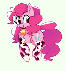 Size: 1503x1603 | Tagged: safe, artist:sillyp0ne, pinkie pie, earth pony, pony, g4, bell, bell collar, big eyes, clothes, collar, colored, colored pinnae, cow socks, cowbell, cowprint, curly mane, curly tail, cute, diapinkes, eyebrows, eyebrows visible through hair, eyelashes, female, flat colors, in air, long socks, looking back, mare, open mouth, open smile, pincow pie, pink coat, pink mane, pink tail, ponies in socks, simple background, smiling, socks, solo, stockings, tail, thigh highs, white background, wingding eyes