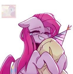 Size: 1503x1517 | Tagged: safe, artist:sillyp0ne, screencap, madame leflour, pinkie pie, earth pony, pony, g4, party of one, blushing, colored, crying, desaturated, ears back, eyelashes, eyes closed, female, flat colors, floppy ears, flour sack, hat, hug, long mane, long tail, mare, party hat, pink coat, pink mane, pink tail, pinkamena diane pie, scene interpretation, simple background, smiling, solo, straight mane, straight tail, tail, white background
