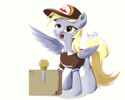 Size: 1250x1000 | Tagged: safe, artist:jxxnxmlp, derpy hooves, pegasus, pony, delivery pony, derp, female, food, mailmare, mare, muffin, open mouth, open smile, package, signature, simple background, smiling, solo, spread wings, white background, wings