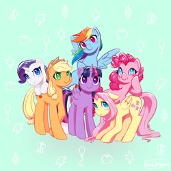 Size: 3500x3500 | Tagged: safe, artist:keshkolours, applejack, fluttershy, pinkie pie, rainbow dash, rarity, twilight sparkle, alicorn, earth pony, pegasus, pony, unicorn, g4, cutie mark background, female, group photo, horn, mane six, mare, signature, twilight sparkle (alicorn)