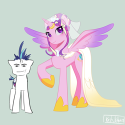 Size: 2988x2988 | Tagged: safe, artist:keshkolours, princess cadance, shining armor, alicorn, unicorn, g4, clothes, concave belly, dress, duo, female, horn, male, mare, meme, ship:shiningcadance, shipping, simple background, size difference, stallion, straight, the bride and the ugly ass groom, toy interpretation, wedding dress