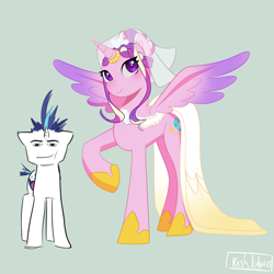 Size: 2988x2988 | Tagged: safe, artist:keshkolours, princess cadance, shining armor, alicorn, unicorn, g4, clothes, concave belly, dress, duo, female, horn, male, mare, meme, roblox, ship:shiningcadance, shipping, simple background, size difference, stallion, straight, the bride and the ugly ass groom, toy interpretation, wedding dress