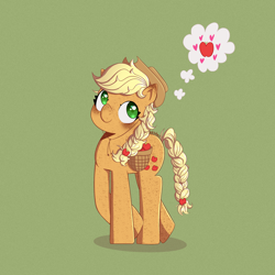 Size: 2048x2048 | Tagged: safe, artist:keshkolours, applejack, earth pony, pony, g4, apple, applejack's hat, bag, braid, braided ponytail, braided tail, cowboy hat, cute, female, food, freckles, green background, hat, heart, jackabetes, mare, ponytail, redesign, saddle bag, signature, simple background, smiling, solo, tail, that pony sure does love apples, thought bubble