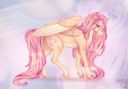 Size: 2388x1668 | Tagged: safe, artist:cossmicmin, fluttershy, pegasus, pony, female, flower petals, long mane, mare, signature, solo, speedpaint available, unshorn fetlocks