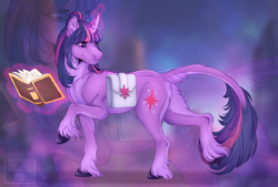 Size: 1280x863 | Tagged: safe, artist:cossmicmin, twilight sparkle, classical unicorn, pony, unicorn, bag, book, cloven hooves, female, glowing, glowing horn, horn, leonine tail, mare, saddle bag, smiling, solo, standing on two hooves, turned head, unicorn twilight, unshorn fetlocks, zoom layer