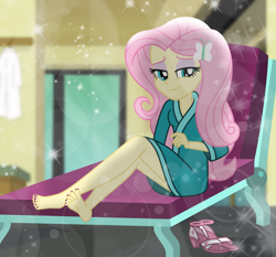 Size: 1000x933 | Tagged: safe, artist:emeraldblast63, part of a set, fluttershy, equestria girls, g4, barefoot, clothes, feet, female, legs, nail polish, robe, solo, toenail polish, toenails, toes, wiggling toes