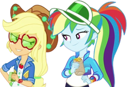 Size: 3666x2520 | Tagged: safe, edit, edited screencap, editor:homersimpson1983, editor:mrtoonlover83, screencap, applejack, rainbow dash, human, equestria girls, equestria girls specials, g4, my little pony equestria girls: choose your own ending, my little pony equestria girls: sunset's backstage pass, wake up!, wake up!: pinkie pie, background removed, burrito, cap, clothes, duo, duo female, eyebrows, female, food, geode of super speed, geode of super strength, glasses, hat, juice, juice box, lidded eyes, magical geodes, not a vector, raised eyebrow, simple background, smiling, sunglasses, transparent background, vest