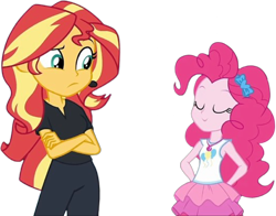 Size: 3216x2520 | Tagged: safe, artist:mrtoonlover83, edit, edited screencap, screencap, pinkie pie, sunset shimmer, human, equestria girls, g4, 2d, arm behind back, background removed, crossed arms, duo, eyes closed, female