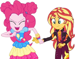 Size: 3216x2520 | Tagged: safe, edit, edited screencap, editor:homersimpson1983, screencap, pinkie pie, sunset shimmer, human, equestria girls, equestria girls specials, g4, my little pony equestria girls: sunset's backstage pass, 2d, background removed, duo, duo female, eyes closed, female, holding hands, not a vector, open mouth, open smile, simple background, smiling, transparent background