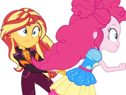 Size: 3320x2520 | Tagged: safe, edit, edited screencap, editor:homersimpson1983, screencap, pinkie pie, sunset shimmer, human, equestria girls, equestria girls specials, g4, my little pony equestria girls: sunset's backstage pass, background removed, duo, female, not a vector, running, simple background, transparent background