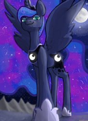 Size: 800x1100 | Tagged: safe, artist:summerbeachyt, princess luna, alicorn, pony, g4, backwards cutie mark, coat markings, ethereal mane, female, full moon, galaxy mane, galaxy tail, hoof shoes, horn, long legs, looking at you, low angle, mare, moon, peytral, smiling, smiling at you, solo, spread wings, starry mane, starry night, starry tail, tail, tall, wings
