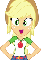 Size: 1732x2520 | Tagged: safe, edit, edited screencap, editor:homersimpson1983, screencap, applejack, human, equestria girls, g4, 2d, applejack's hat, arms, background removed, belt, breasts, bust, clothes, collar, cowboy hat, denim skirt, female, freckles, geode of super strength, hand, hand on hip, happy, hat, long hair, looking at you, magical geodes, not a vector, open mouth, open smile, ponytail, shirt, short sleeves, simple background, skirt, smiling, solo, teenager, teeth, transparent background
