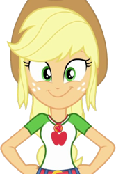 Size: 1685x2520 | Tagged: safe, edit, edited screencap, editor:homersimpson1983, screencap, applejack, human, equestria girls, g4, 2d, applejack's hat, arms, background removed, belt, breasts, bust, clothes, collar, cowboy hat, cute, denim skirt, female, freckles, geode of super strength, hand, hand on hip, happy, hat, jackabetes, long hair, looking at you, magical geodes, not a vector, ponytail, shirt, short sleeves, simple background, skirt, smiling, smiling at you, solo, standing, teenager, transparent background