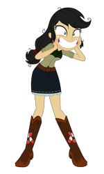 Size: 3300x5500 | Tagged: safe, artist:machakar52, applejack, human, elements of insanity, equestria girls, g4, alternate cutie mark, alternate universe, applepills, belt, boots, clothes, cutie mark on clothes, hand on face, high heel boots, high heels, messy hair, shirt, shoes, simple background, skirt, smiling, solo, transparent background